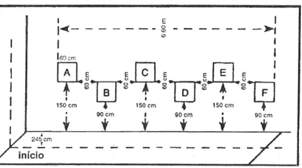 Figura 8.1. Marcação de seis quadrados (A,B,C,D,E e F) na parede e de uma  linha no solo à distância de 2.45 m da parede, para a realização da prova de  Passe da Bateria AAHPERD (adaptado de Kirkendall e col., 1987) 