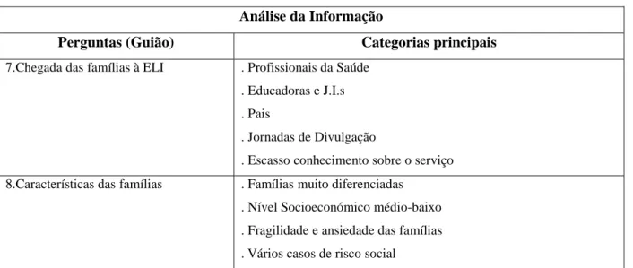 Tabela 5. Questões relativas às famílias e outros recursos/serviços  Análise da Informação 