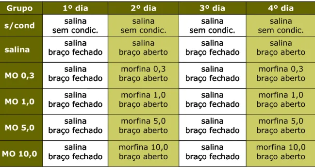 Tabela 1. Tratamento administrado e o braço do LCE onde o animal foi colocado em cada dia da fase de  condicionamento, para cada grupo de sujeitos