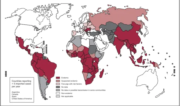 Figura  2  -  Endemicidade  de  Taenia solium  no  mundo  (2015).  Adaptado  de  Fourth  WHO  report  on  neglected  tropical  diseases