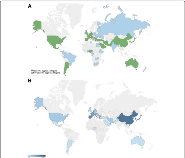 Fig. 1 a) Worldwide map on testing for atypical pathogens in hospitalized patients with community-acquired pneumonia (CAP) by country.