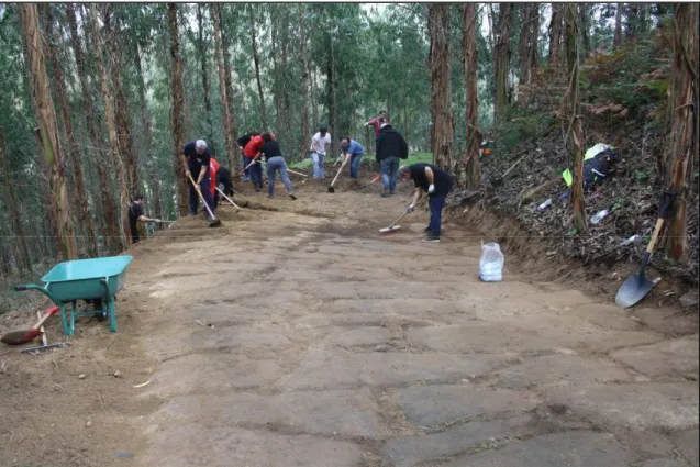 Figura 5. Imagem dos trabalhos voluntários de limpeza da calçada romana  entre Valgode e Caldas de Lafões (17 de novembro de 2018)