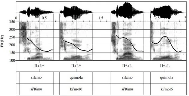 Figure 1: Intonation contours of broad (left two examples) and narrow (right two examples)  focus, with prosodic labelling and orthographic and phonetic transcription (in SAMPA)