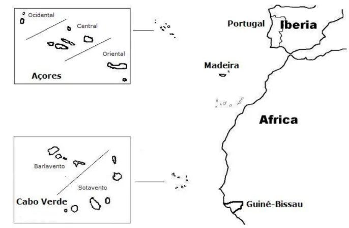 Figura 3: Mapa de localização dos arquipélagos da Madeira, Açores e Cabo Verde situados no  Oceano Atlântico