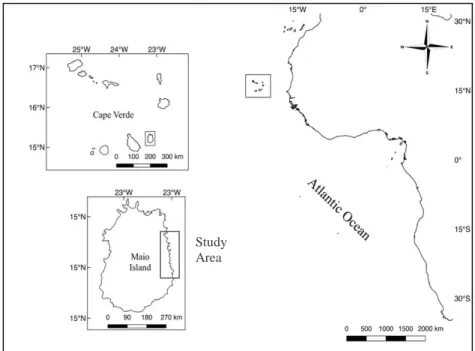 Figure 2.1. Maps of archipelago of Cape Verde, Maio Island and the study area (seven beaches)
