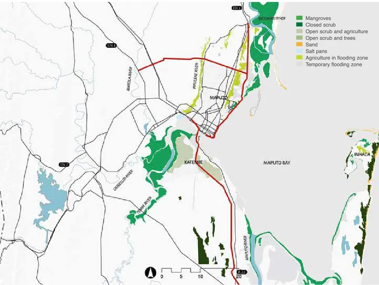Figure 3. Maputo city location and major roads in relation to hydrography and coastal  ecosystems of Maputo Bay.