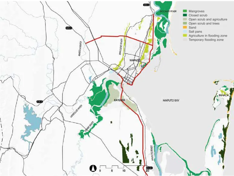 Figure 3. Maputo city location and major roads in relation to hydrography and coastal  ecosystems of Maputo Bay.
