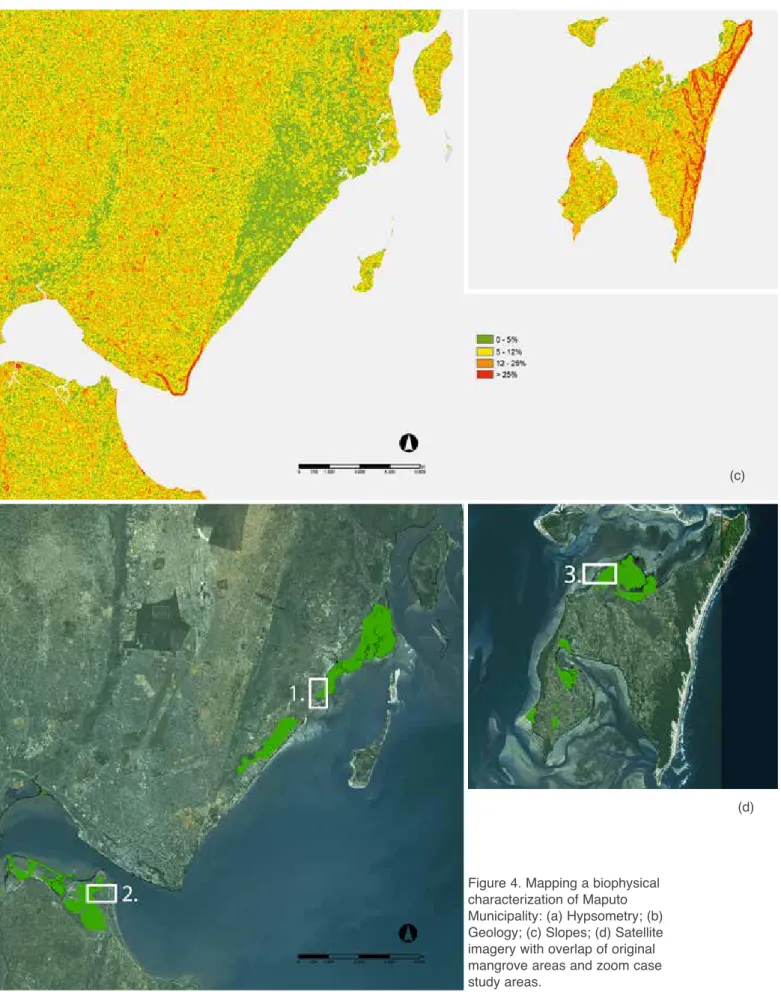 Figure 4. Mapping a biophysical  characterization of Maputo  Municipality: (a) Hypsometry; (b)  Geology; (c) Slopes; (d) Satellite  imagery with overlap of original  mangrove areas and zoom case  study areas