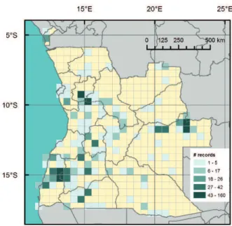 Figure 3.3. Distribution of occurrence records with indication of number of records indicated on a half  a minute grid system