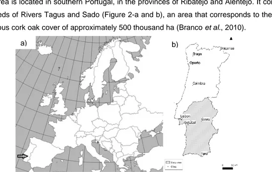 Figure 2-a; Location of Portugal in Europe (modified from plazadehistoria.wordpress.com); 2-b: Study area in Portugal