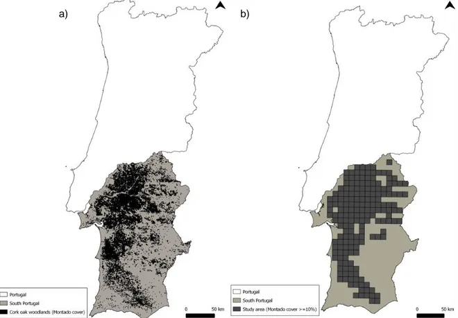 Figure  3-a: Vector coverage of montados in South Portugal; 3-b: Study area in the 10x10 km UTM grid