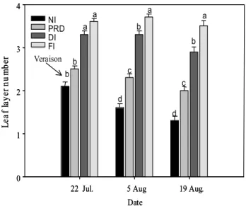 Fig. 4: Leaf layer number measured between veraison (end of July and mid-August). Values represent means of 80 measurements with standard error