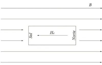 Figura 4: Campo desmagnetizante criado pela magnetização de uma barra de ferro em sentido oposto ao  campo magnético aplicado e, portanto, também ao momento magnético induzido na amostra