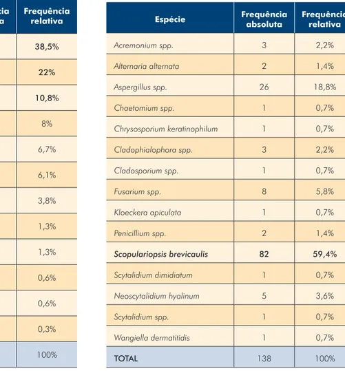 Tabela 5 -  Fungos filamentos não dermatófitos  isolados. Espécie Frequência  absoluta Frequência relativa Acremonium spp