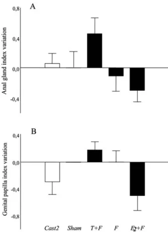 Fig. 2. Variation in (A) anal gland and (B) genital papilla development from the beginning to the end of the experiment in castrated (Cast2) and sham-operated (Sham) fish and in 17 β -estradiol (E 2 + F), Fadrozole (F) and testosterone (T + F) implanted fi