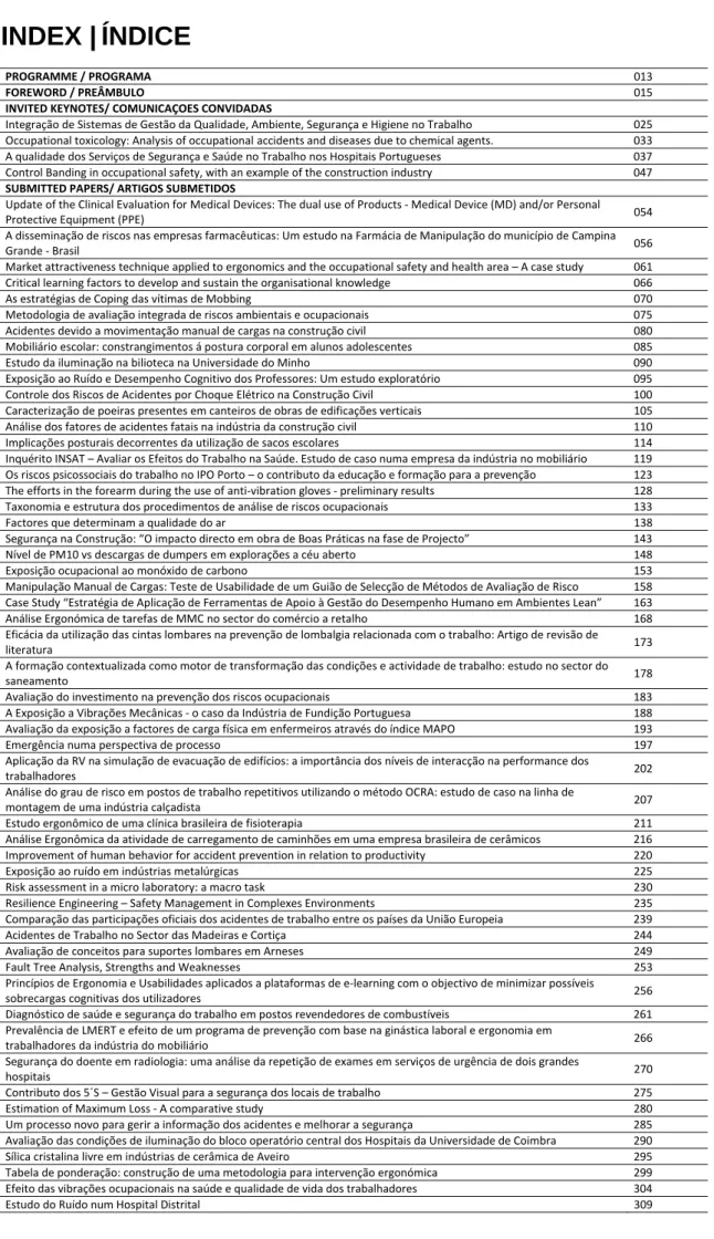 Tabela de ponderação: construção de uma metodologia para intervenção ergonómica 299  Efeito das vibrações ocupacionais na saúde e qualidade de vida dos trabalhadores 304 