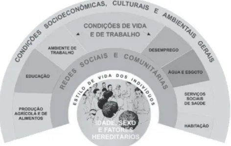 Figura  1.  Determinantes  sociais  do  processo  saúde-doença  de  Dahlgren  e  Whitehead  (citado  em  Buss  &amp; 