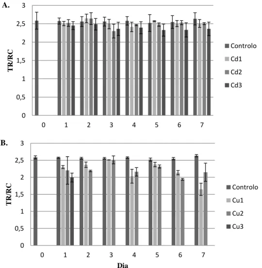 Figura  3. Efeito do Cd (A) e do Cu  (B) na  energia absorvida acumulada (TR/RC) durante 7  dias de tratamento