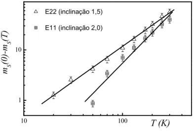 Figura 3.8 – Representação log-log da deflexão magnética m S (0) – m S (T) para duas amostras E22 e E11