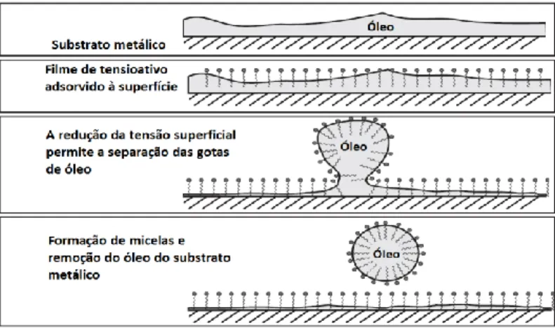 Figura 2.5 - Mecanismo de remoção de óleo através da formulação de micelas (Adaptado de  [23] ) 