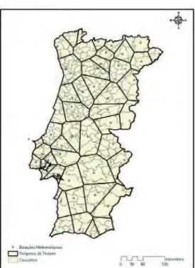 Figura 3: Zonas de Influência obtidas por aplicação do Método dos Polígonos de Thiessen, em Portugal Continental.
