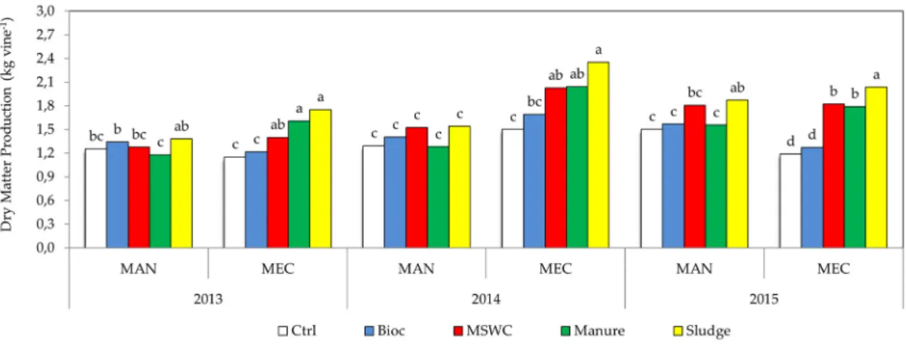 Figure 4. Interaction between pruning system and organic amendment effect on dry matter  production