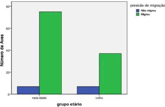 Figura 5 – Número de aves que migrou e não migrou em cada uma das categorias etárias 
