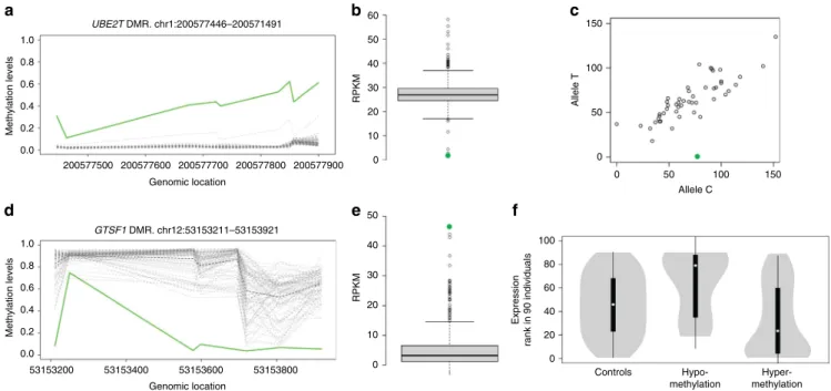 Fig. 5 Epivariations are frequently associated with large changes in gene expression. We identi ﬁ ed epivariations in 90 lymphoblastoid cell lines studied as part of the 1000 Genomes Project, and combined these with SNP genotypes and RNAseq data from a tot