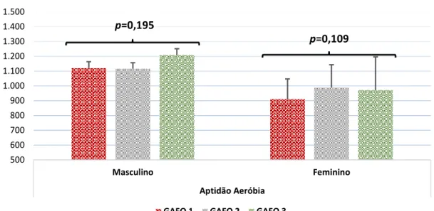 Gráfico  2  –  Caracterização  da  aptidão  cardiorrespiratória  por  sexo  e  por  grupo  de  AFO  (média, barra de erro representa o desvio padrão)