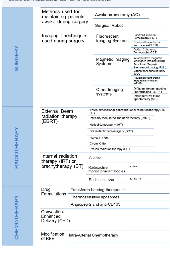 Table 1 – Innovations and new techniques within glioblastoma therapy to improve the outcome, focusing  in 3 fields: Surgery, Radiotherapy, Chemotherapy