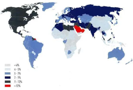 Figura 1: Prevalência Global Estimada da Diabetes (20-79 anos) – 2010, adaptado de Atlas IDF 2009 