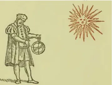Figura 3.11: Representação da pesagem do Sol através do astrolábio náutico (imagem retirada do Regimiento de Navegacion de Pedro de Medina de 1545)