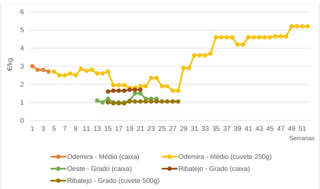 Gráfico 9 – Preços no mercado de produção das principais zonas de produção de morango  –  em euros, referente ao ano 2017 (SIMA, 2017)