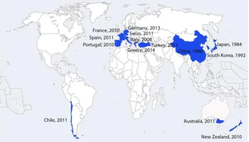 Figura 2 - Países onde o cancro bacteriano do kiwi, causado pela PSA, foi reportado (EPPO, 2017)