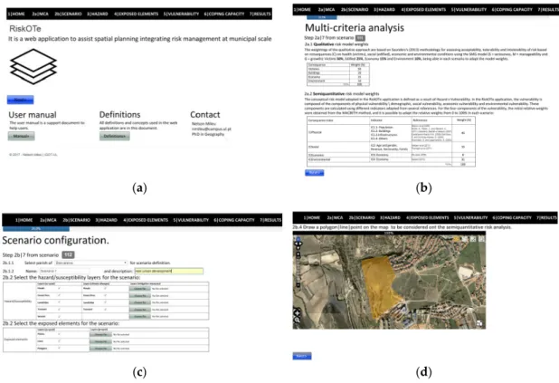 Figure 5. RiskOTe SDSS first steps: (a) Home page; (b) Multicriteria weighting; (c) Scenario definitions; 