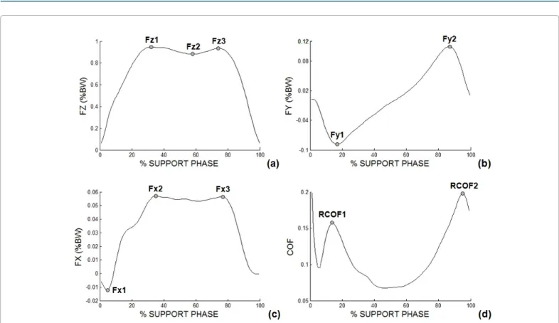 Figure 2: Illustration of the GRF component curves represented by the average curve for all stroke participants in the HOV condition and the discrete variables of the: (a)  FZ - GRF vertical component; (b) FY - GRF anterior-posterior component; (c) FX - GR