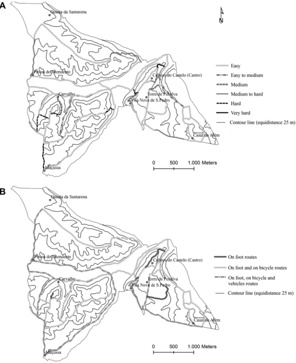 Fig. 11. Greenways: A – routes difﬁculty; B – different types of circulation.