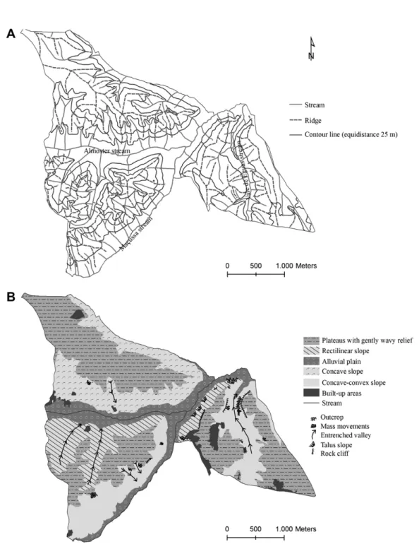 Fig. 3. Eco-cultural analysis phase (biophysical analysis): A – physiography map; B – geomorphology map.