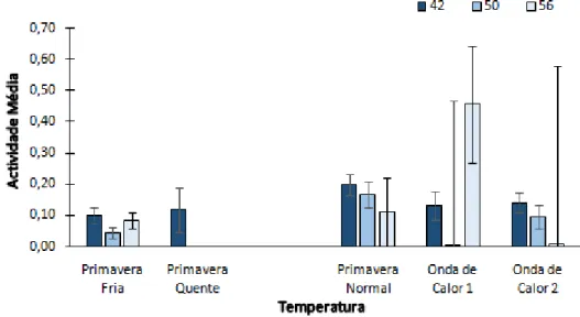 Figura  10  Actividade  média  (probabilidade  de  um  girino  estar  activo  de  cada  vez  que  foi  monitorizado)  dos  girinos sujeitos  aos vários regimes  de temperatura, antes (dia 42), durante (dia 50) e após a  segunda onda de  calor (dia 56)