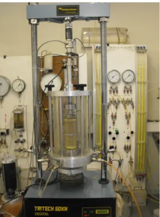 Fig 21 – Câmara triaxial montada no LabGeo-FEUP na prensa WF10056 TRITECH 5 