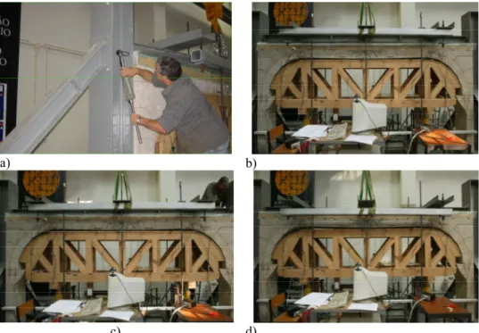 Figura  5: Sequência do ensaio. (a) Aperto dos tirantes, (b) descida do cimbre, (c)  colocação da estrutura de repartição de cargas e (d) aplicação de carga  vertical crescente