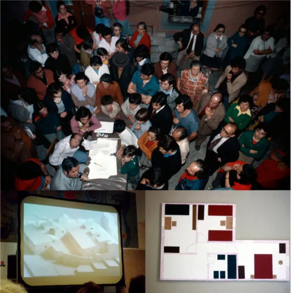 Figure 2 Discussion meeting between SAAL architects and residents, Algarve, 1976; model and house plan chart designed by architect Se´rgio Fernandez to explain future homespaces to residents of Leal, Porto (Sources: (Top) #  Alex-andre Alves da Costa; (Bot
