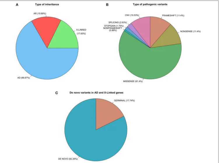 FIGURE 3 | Proportions of different types of inheritance (A), different types of variants (B), and the proportion of de novo events for the Iberian epilepsy cohort (C).
