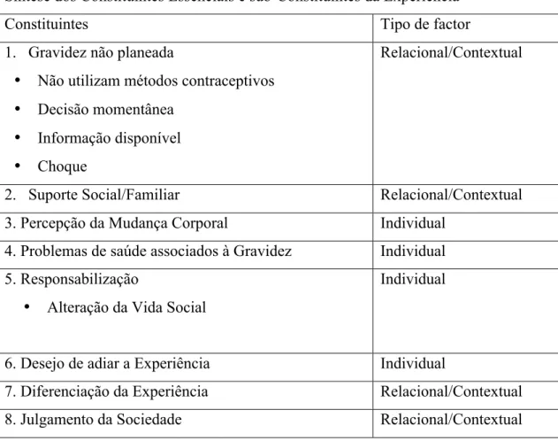 Tabela  1  -  Síntese  dos  Constituintes  Essenciais  e  sub-Constituintes  da  Experiência 