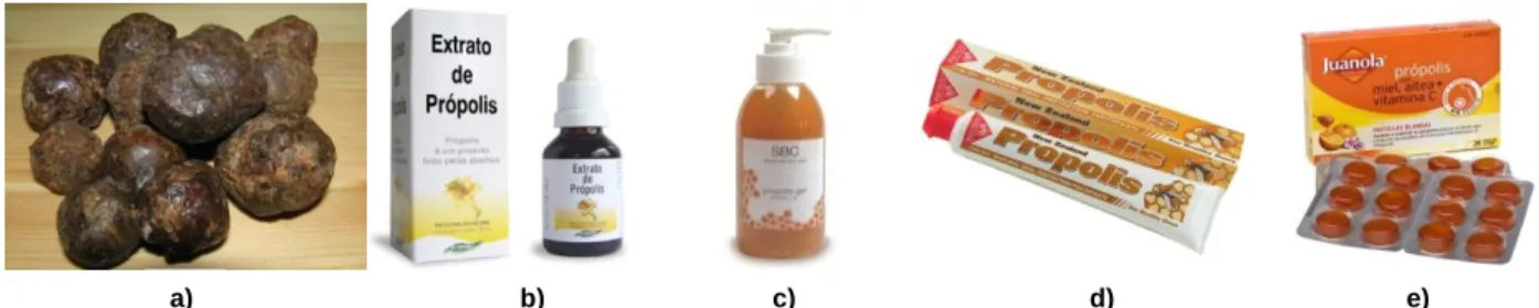 Figura  1.  Exemplos de produtos  formados por própolis.  a)  Própolis  em  bruto,  b)  Extracto  de  própolis,  c)  Gel  para  o  rosto, d)  Pasta dentífrica, e) Rebuçados 