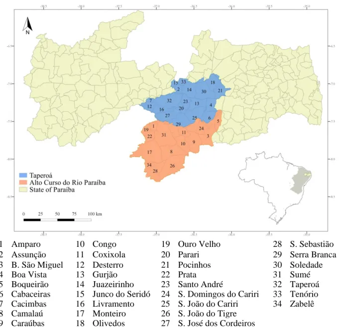 FIGURE 1. Study area. The Taperoá and Upper Paraíba River basins are highlighted. 