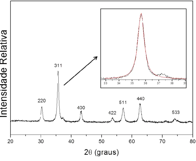 Figura 10 – Difratograma de raios x das nanoparticulas sintetizadas. A ampliação é do  pico 311