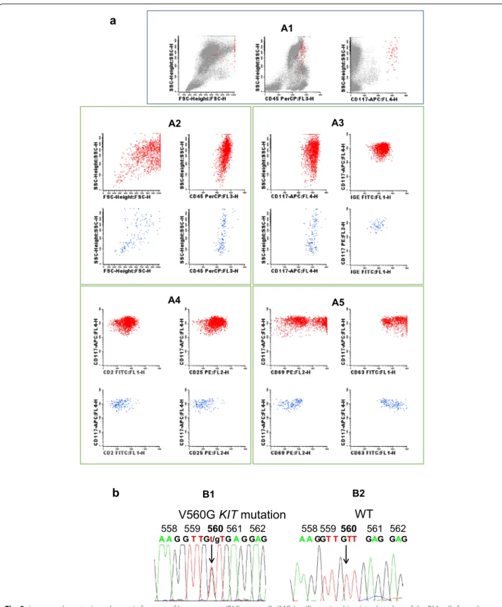 Fig. 2  Immunophenotypic and genetic features of bone marrow (BM) mast cells (MCs). a Illustrating bivariate dot‑plots of the BM cells from the  patient (panel A1), and after selecting specifically for BM mast cells (panels A2–A4); as illustrated, bone mar