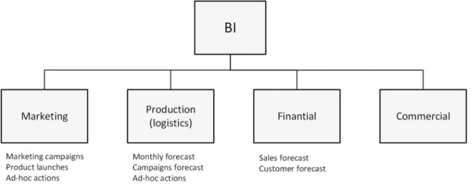 Figure  1  shows  the  interactions  of  the  BI  department  with  the  other  areas  of  the  organization