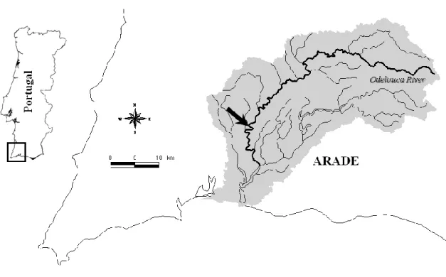 Figura 4.1. Mapa da localização área de estudo, mostrando a localização da ribeira de Odelouca e do troço em estudo